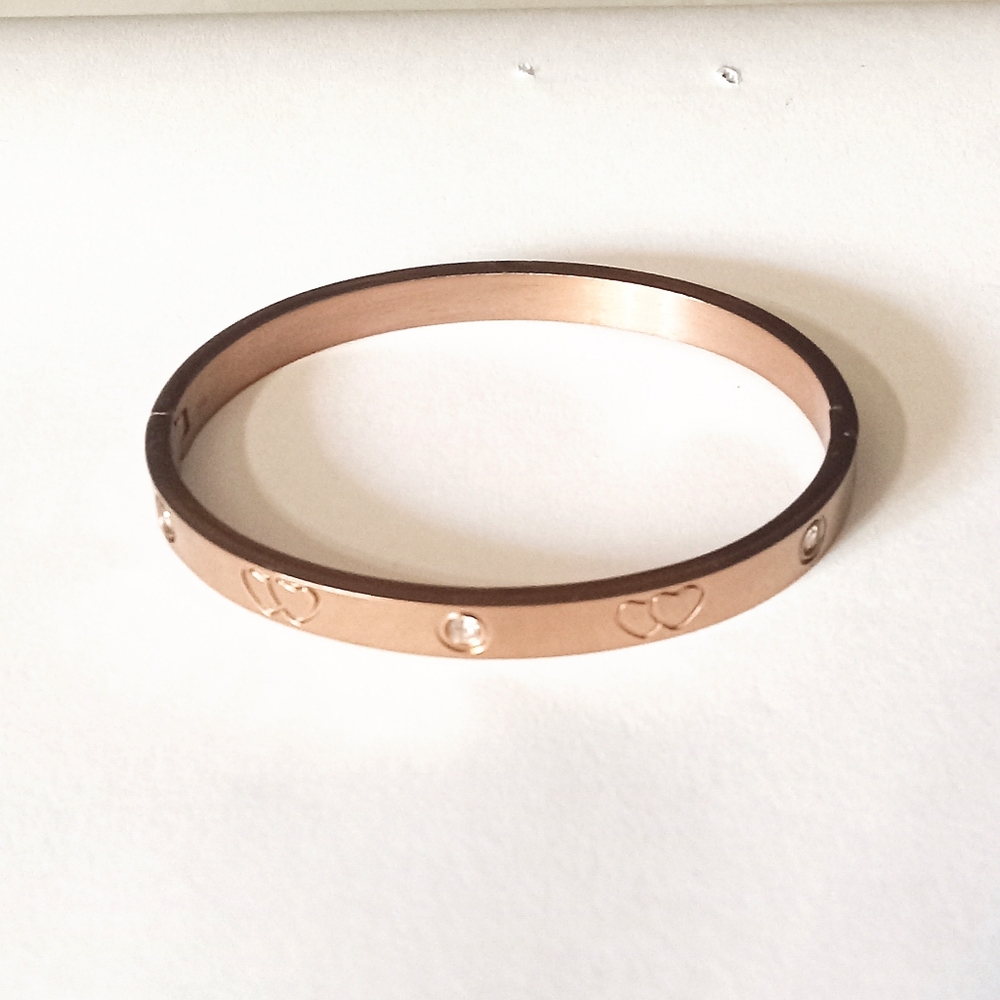 Stainless Steel Gold Plated CZ Heart Bracelet Hinged Rose Gold 6.5"